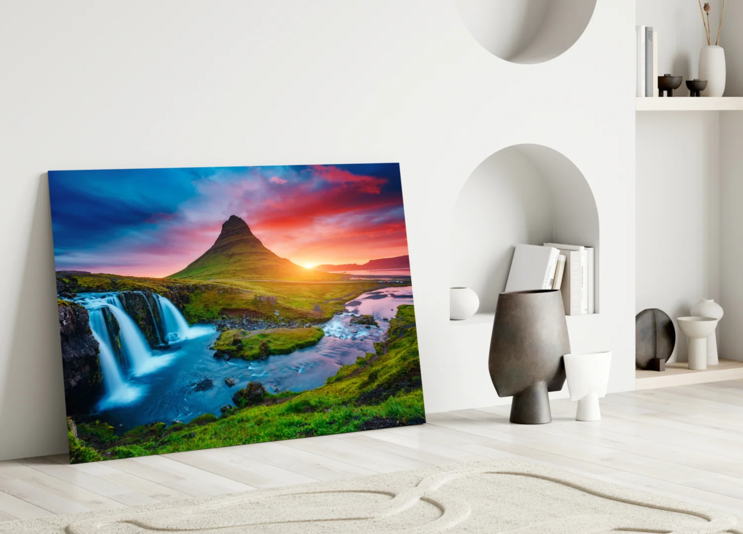 Kirkjufellsfoss Waterfall and View Glass Wall Art - Image 3