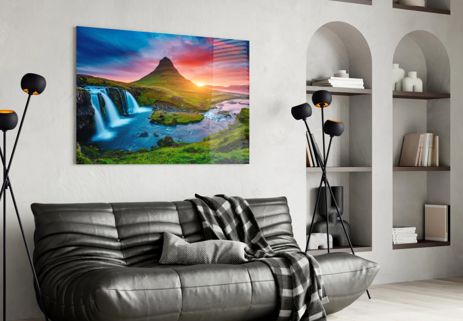 Kirkjufellsfoss Waterfall and View Glass Wall Art - Image 4